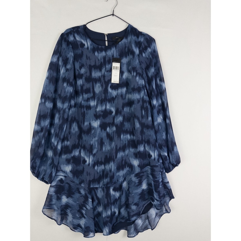 NWT BCBG Maxaria Dress Womens S Blue Geometric‎ Ruffle Flare Long Sleeve Tiered